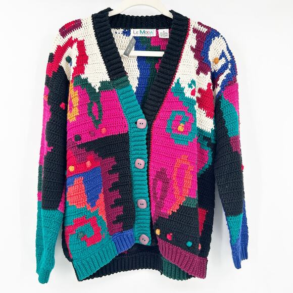 Le Moda Knitwear Womens VTG 90s Artsy Colorful Hand Knit Cardigan Sweater M - Picture 1 of 6